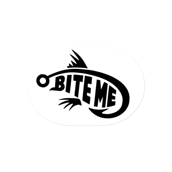 Fishing themed sticker with a fishing hook and the words 'Bite Me
