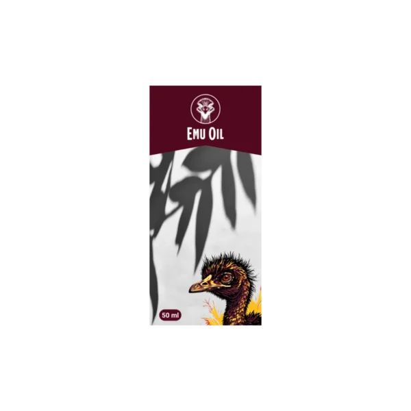 Premium emu oil label with blurred natural background and detailed emu illustration.