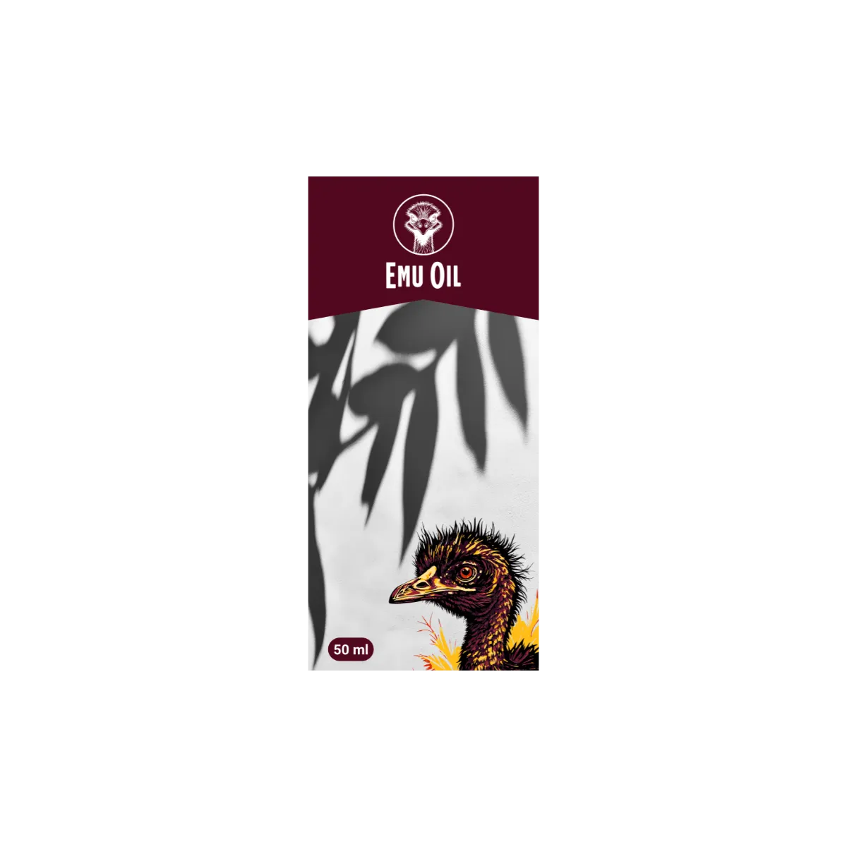 Premium emu oil label with blurred natural background and detailed emu illustration.