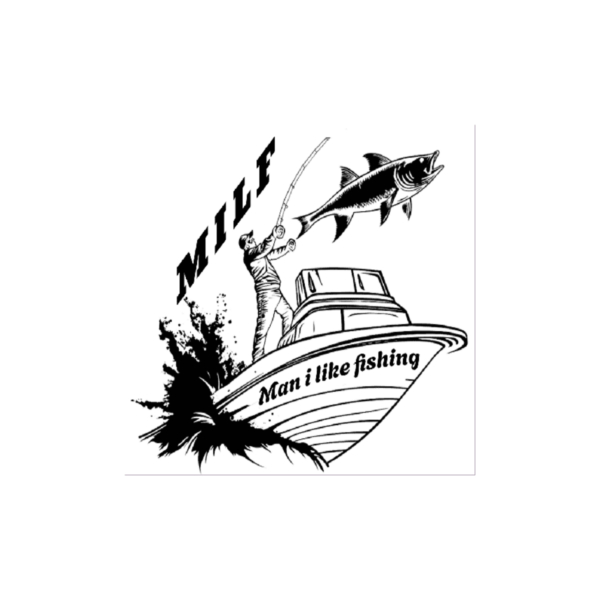 MILF man I like fishing sticker with man fishing from boat and fish jumping from water