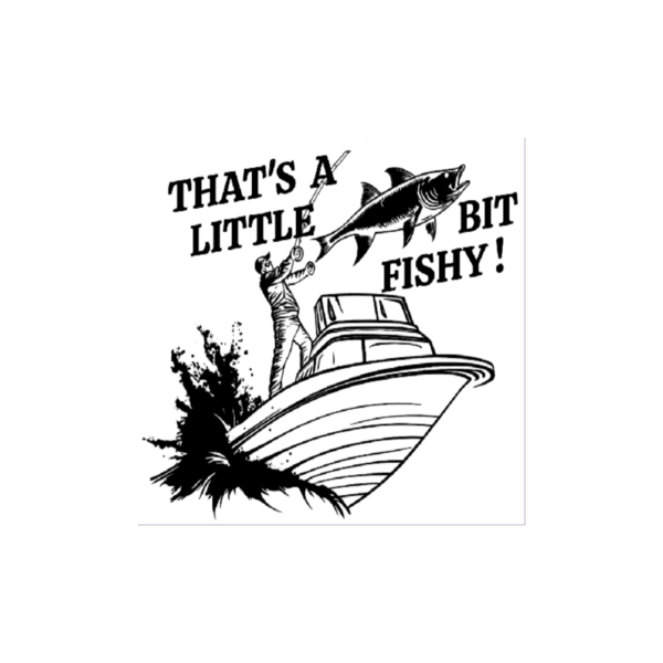That's A Little Bit Fishy! sticker with playful text and a fish illustration.