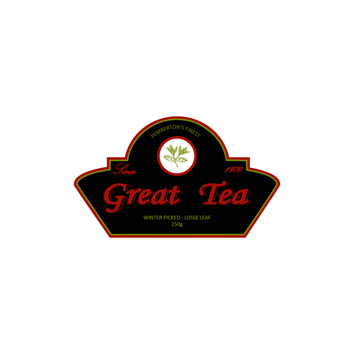 Black promotional tea label with red and green text and a circle illustration of raw tea leaves.