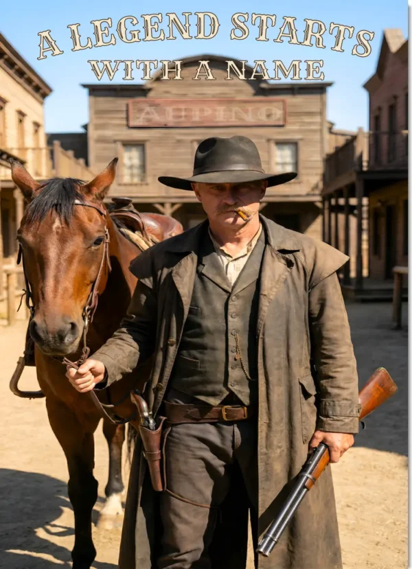 Custom Aupino Legend western poster featuring a personalised gunfighter holding the reins of his horse in a classic old western town