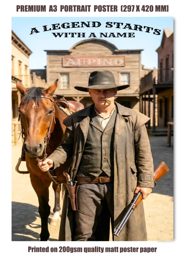Custom Aupino Legend western poster featuring a personalised gunfighter holding the reins of his horse in a classic old western town