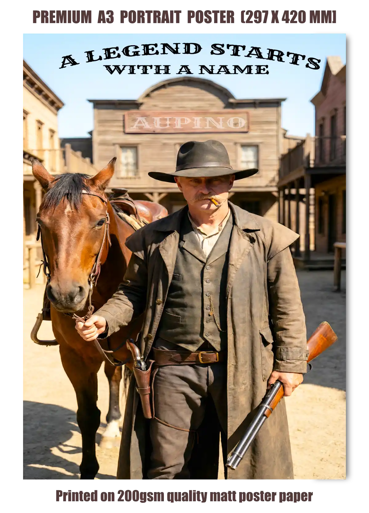 Custom Aupino Legend western poster featuring a personalised gunfighter holding the reins of his horse in a classic old western town