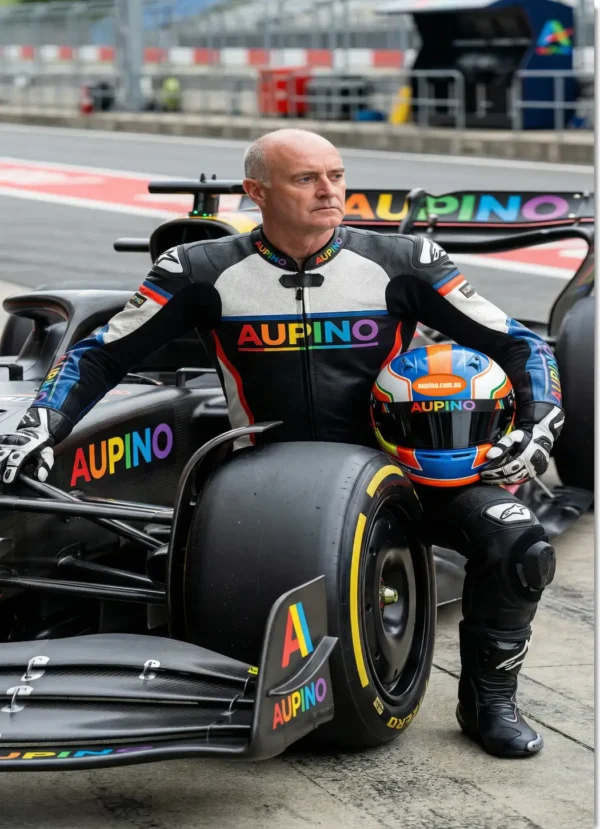 Aupino Racing Team custom poster featuring personalised driver portrait with high-performance race car on a professional motorsport track.