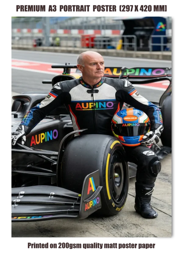 Aupino Racing Team custom poster featuring personalised driver portrait with high-performance race car on a professional motorsport track.