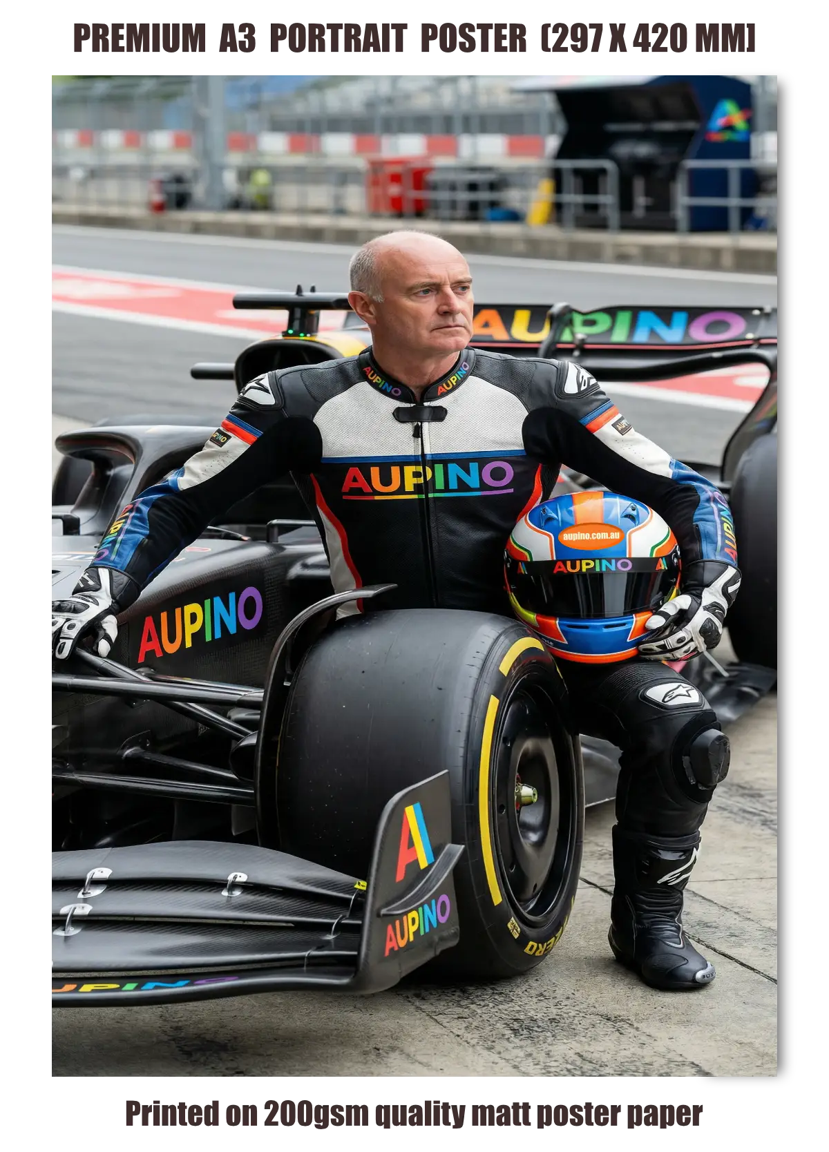 Aupino Racing Team custom poster featuring personalised driver portrait with high-performance race car on a professional motorsport track.