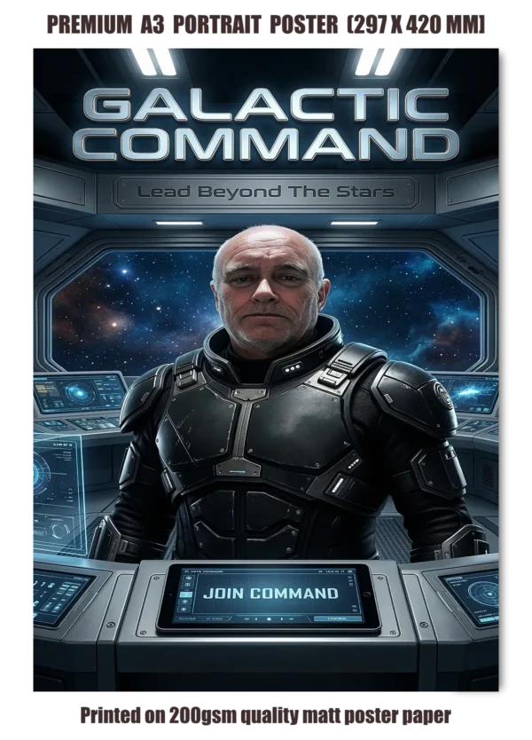 Custom Galactic Command “Lead Beyond The Stars” sci-fi poster featuring a personalised astronaut piloting a futuristic spacecraft through a glowing nebula