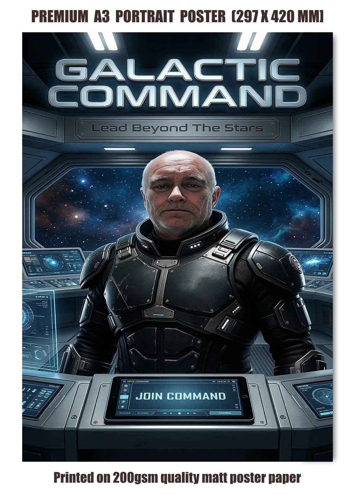 Custom Galactic Command “Lead Beyond The Stars” sci-fi poster featuring a personalised astronaut piloting a futuristic spacecraft through a glowing nebula