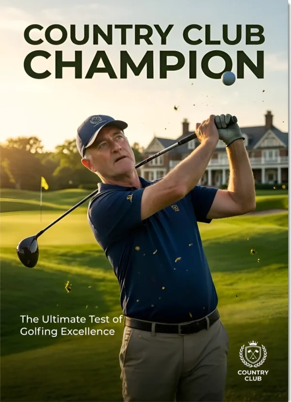 Golfer celebrating victory at a country club championship, holding a trophy on a lush green golf course