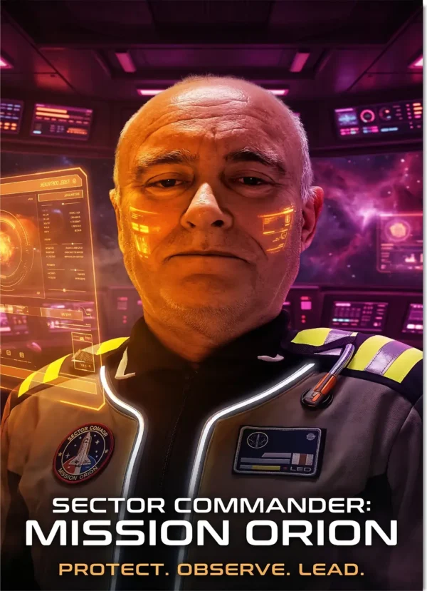 Custom Mission Orion poster showing the customer as the hero astronaut piloting a spacecraft through a glowing nebula toward the Orion constellation.