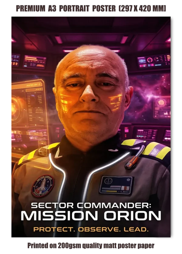 Custom Mission Orion poster showing the customer as the hero astronaut piloting a spacecraft through a glowing nebula toward the Orion constellation.