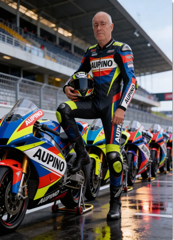 Rider on a superbike wearing colourful racing leathers, captured in an Aupino-style custom motorsport poster design